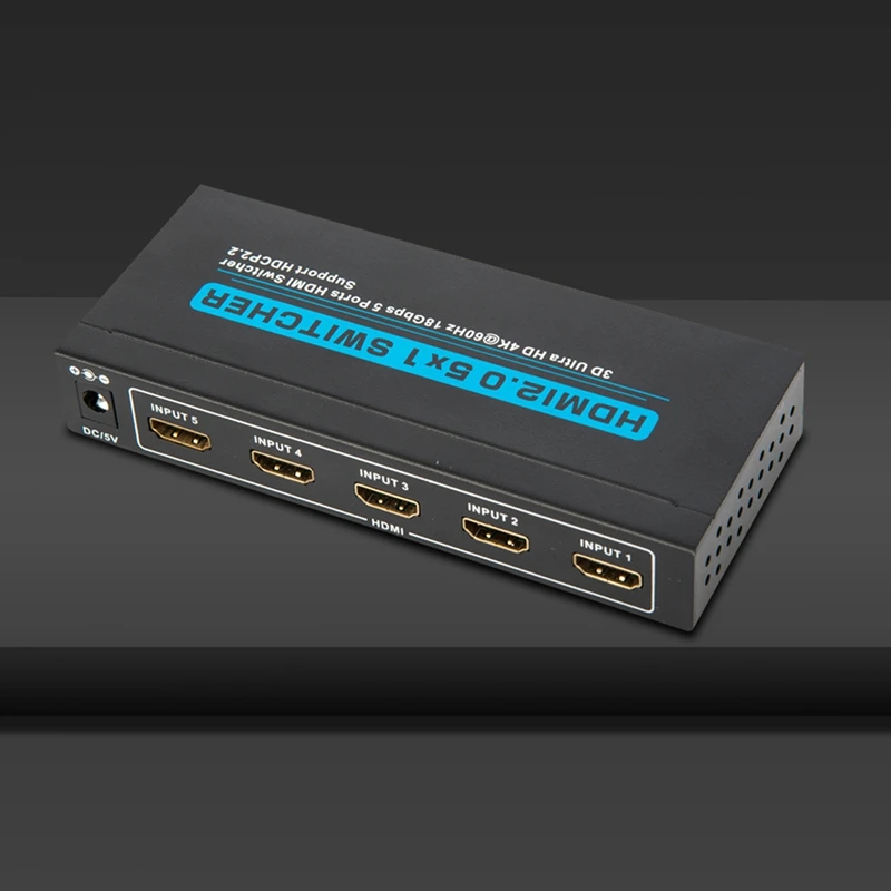 

HDMI Switcher 5X1 HDMI2.0 Switcher 5 in 1 Out 5 Port with IR Remote Control 4K Ultra HD 3D EU Plug