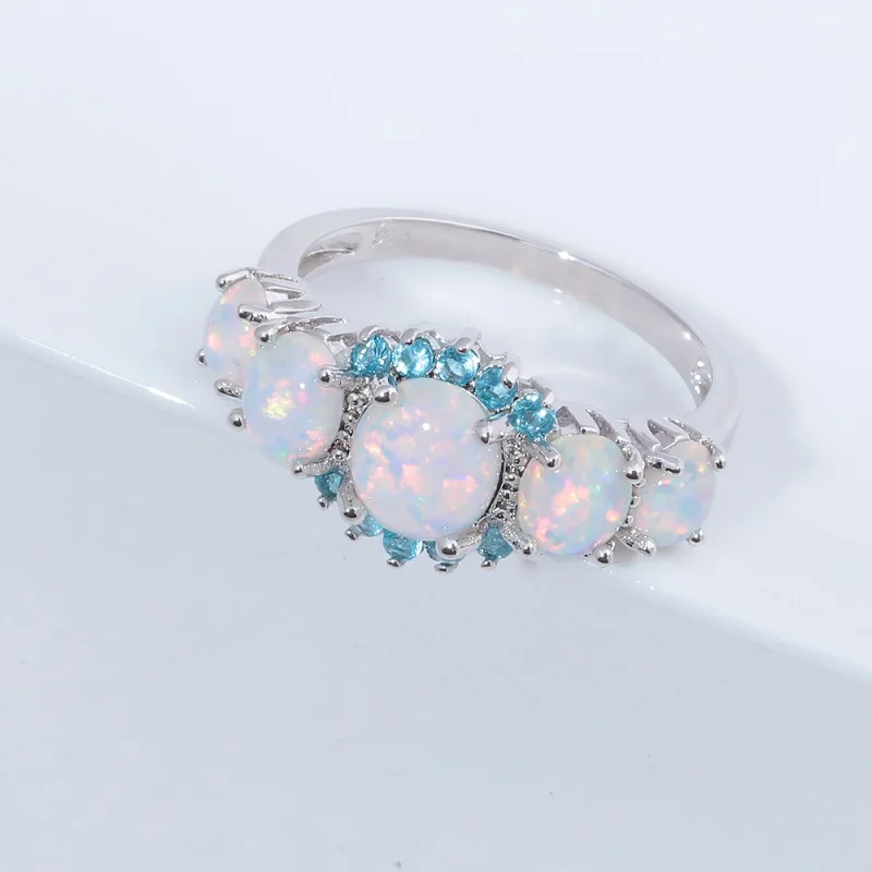 White Opal Ring CiNily, 5 цветов, роскошное кольцо с огненным опалом, посеребренное овальное кольцо с круглым камнем, кольцо на палец с голубым кристаллом, винтажное ювелирное изделие, подарок для женщин - Цвет основного камня: White Opal Ring