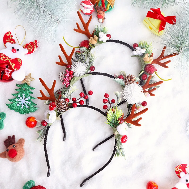 

Christmas antlers headband cat ears long horned branches elk pine cones red fruit super fairy photo cute Christmas headband
