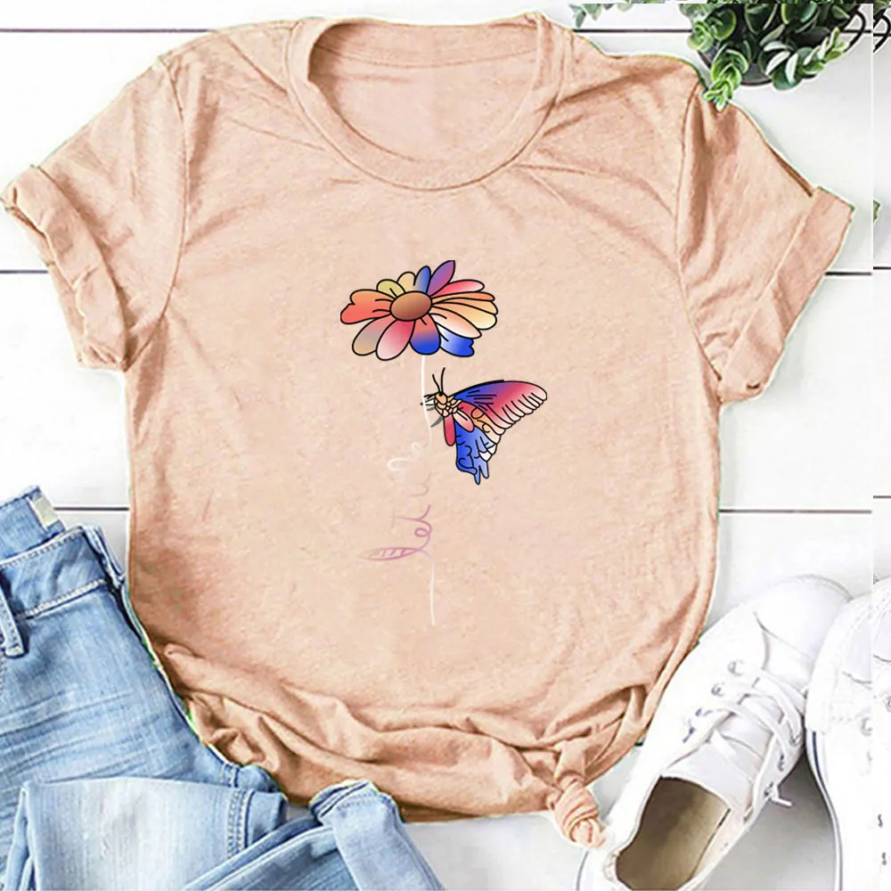 

Color Flower Butterfly Print Ladies T-shirt Ladies Summer Short-sleeved Graphic Tee Aesthetic Graphic T-shirt Collar Ladies Top