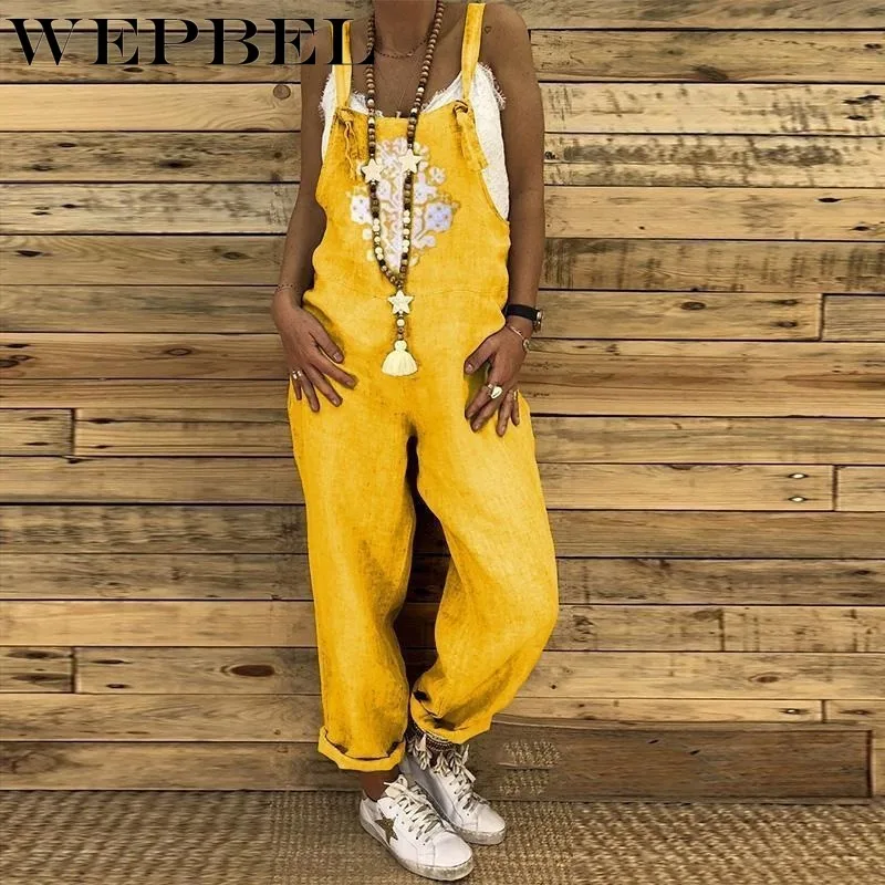 

WEPBEL Casual Long Pants Classic Long Jumpsuits Playsuit Romper Women Loose Cotton Linen Bib Overalls Pants