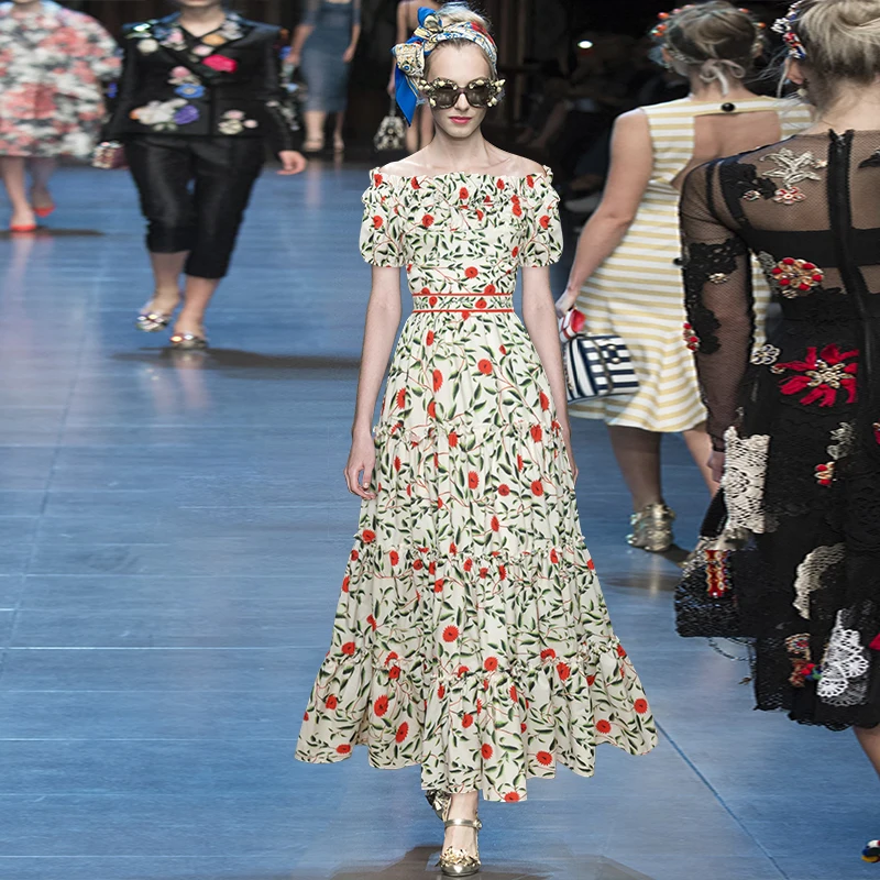 

2021 Runway Fashion Midi Dress Women Clothes Sexy Slash Neck Short Sleeve Red Floral Printed A Line Party Vacation Traf Dresses