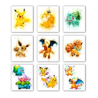 pokemon anime pocket monsters video game watercolor art poster pikachu canvas painting kids room dorm home wall decor mural