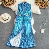 runway designer blue palace maxi dress woman flower print shirt collar long sleeve a line dress autumn spring vestidos s61896
