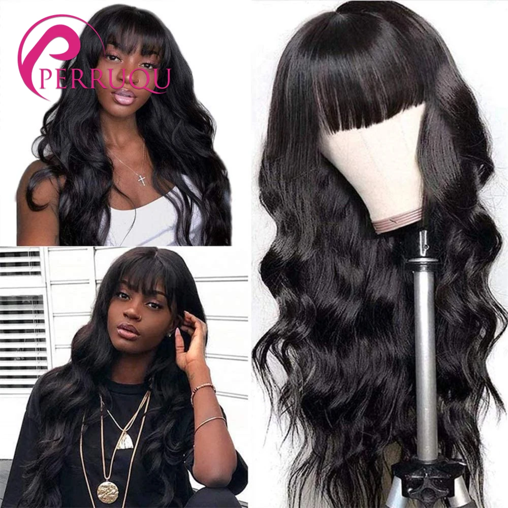 40 Inch Body Wave Human Hair Wigs With Bangs Fringe Wigs Natural Hair Wigs Braizlian Remy Full Machine Made Wigs For Black Women