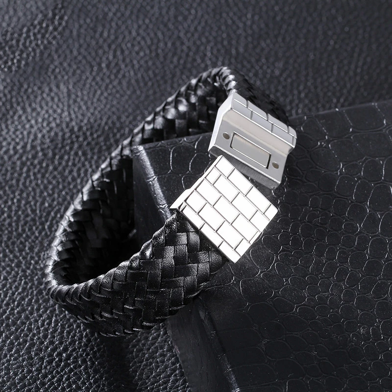 

Men's Casual Jewelry Fashion Stainless Steel Male Cheap 22cm Braided Leather Bracelet With Magnetic Clasp Party Gifts