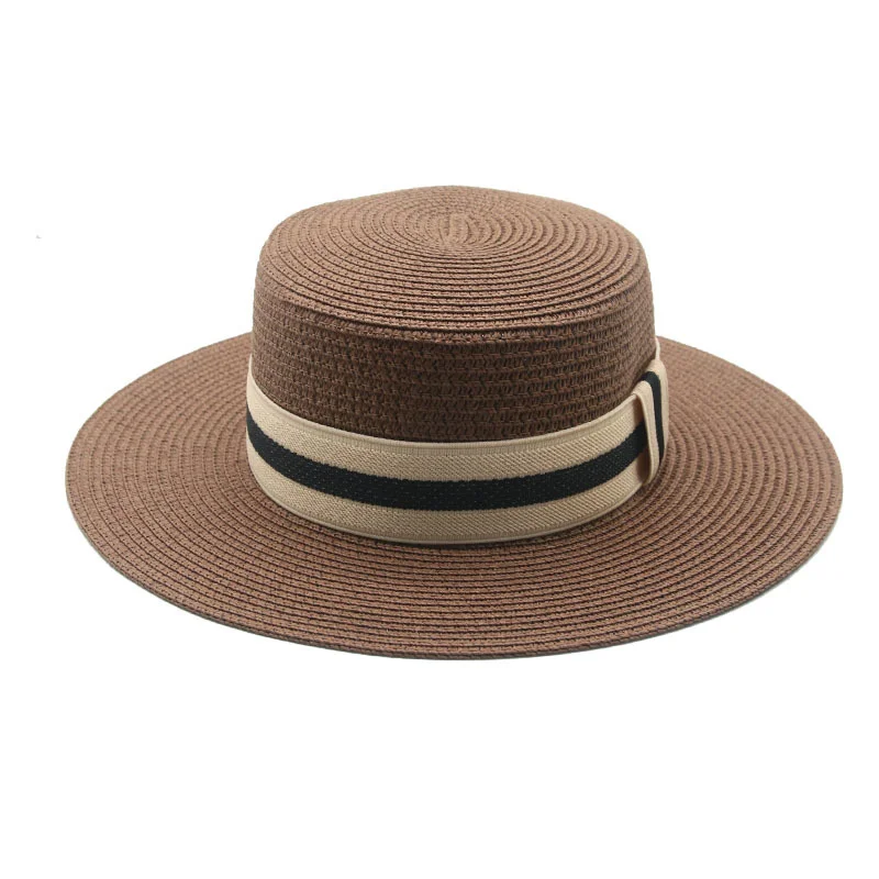 

summer hats women men straw flat top solid belt band striped sun hats wide brim camel khaki black casual outdoor beach straw hat