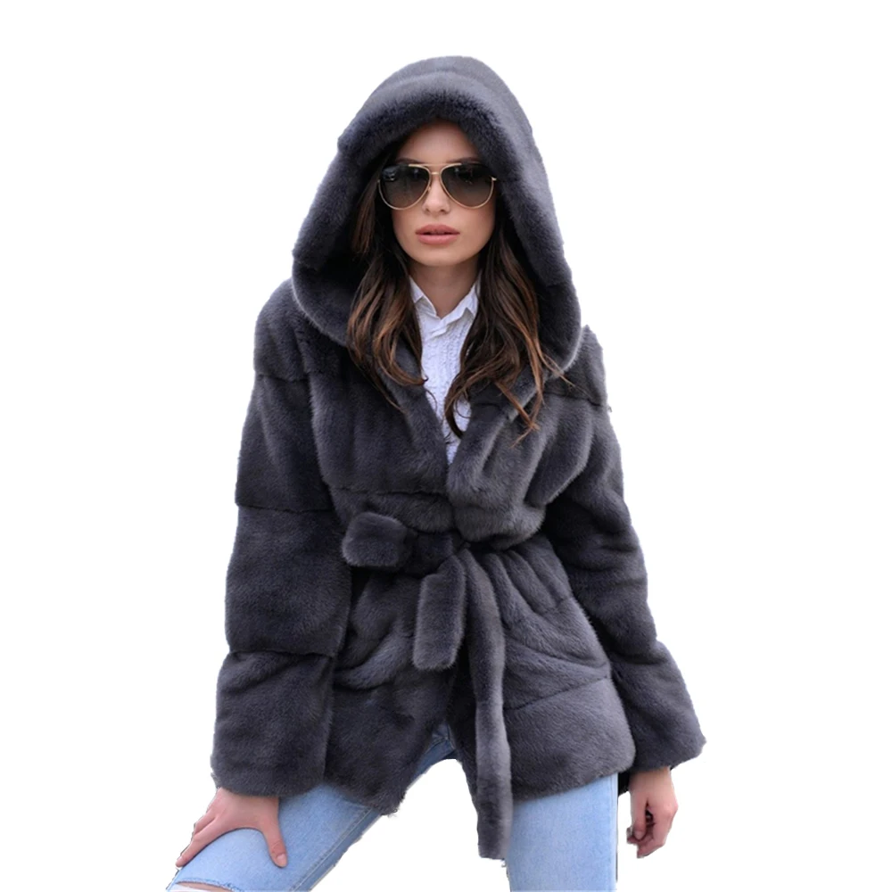 TOPFUR New Fashion Dark Grey Mink Coat With Hood Fur Belt Winter Real Fur Coat Women Plus Size Slim Fur Style 70*60 garment images - 6
