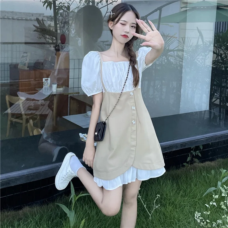 

Summer Dress Women French Vintage Square Collar Puff Sleeve Dress Stitching Fake Two Pieces Mini Beach Vacation Club Clothing