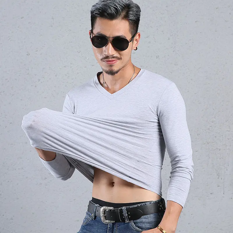 Мужская футболка с V-образным вырезом и длинным рукавом из чистого хлопка | одежда