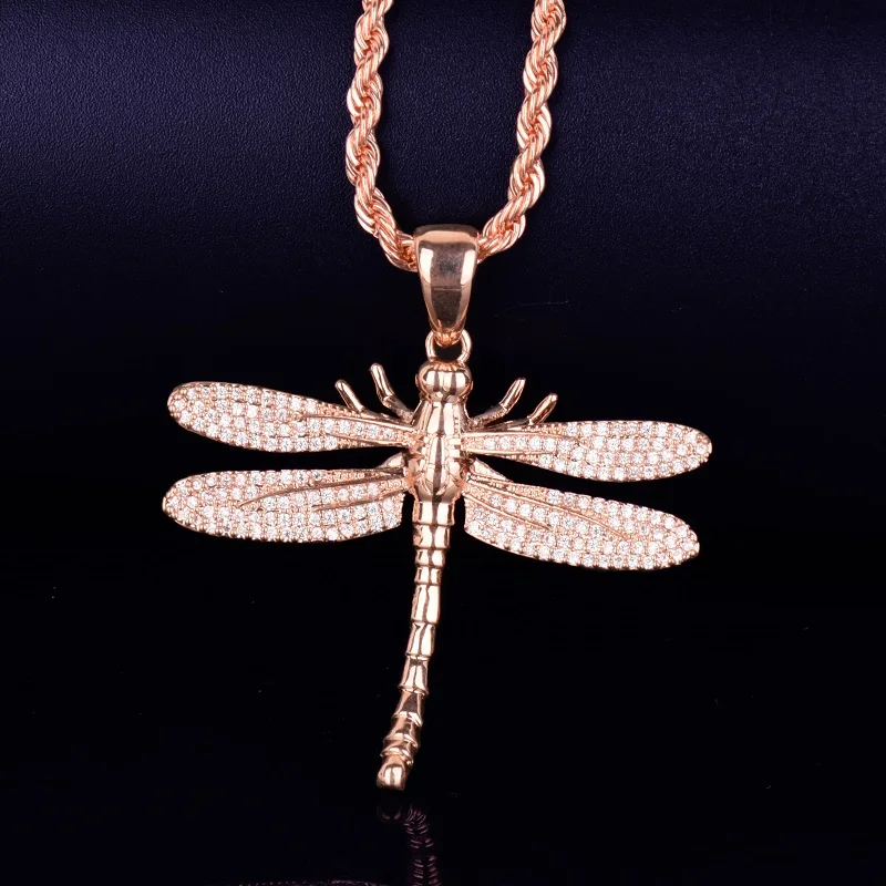 Животные стрекоза ожерелье и кулон Iced Out теннисная Цепочка Золото Серебро AAA кубический циркон мужские и женские хип хоп рок ювелирные изделия - Окраска металла: rose gold