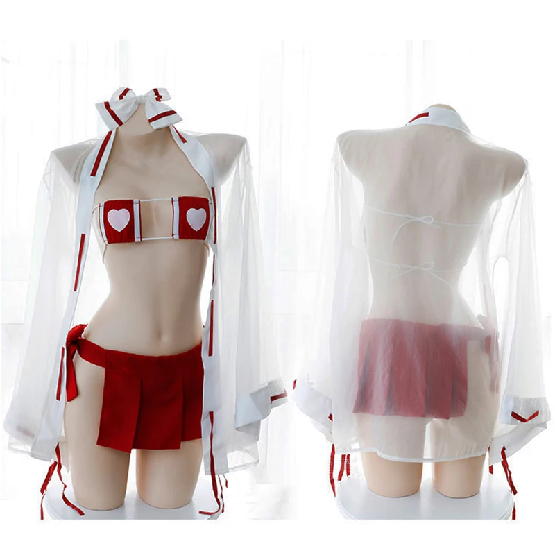 

Womens Sexy Lingerie Set Erotic Japanese Kimono Witch Uniform Square Cup Micro Bikini Bra Top Mini Skirt Transprent Robe Thong