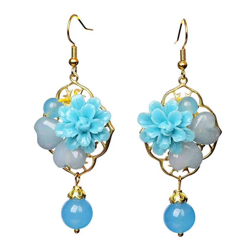 Серьги-подвески с нефритовыми цветами Амулет из халцедона голубым агатом модная