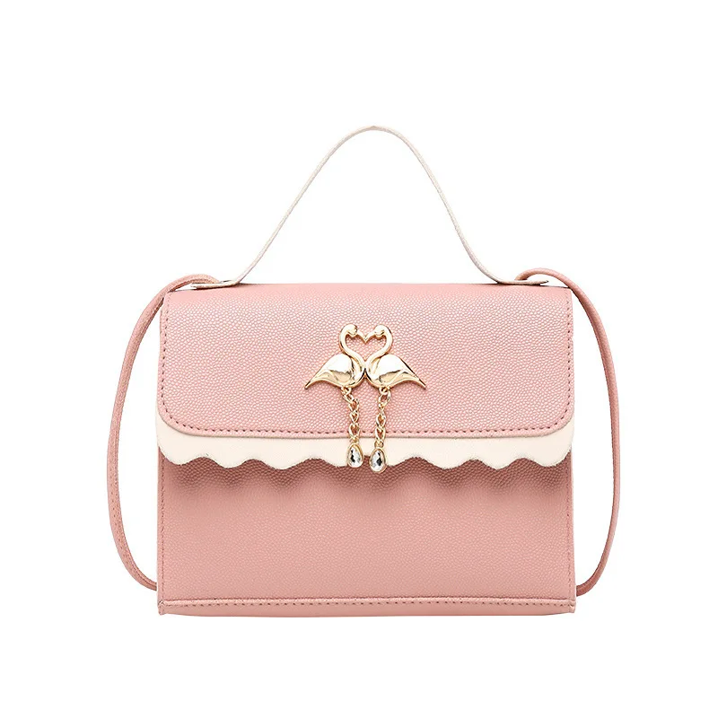 

2021 Summer Small Bag Women PU Leather Fashion Square Messenger Bag Metal Swan Pendant Small Bag Contrasting Color Phone Bag