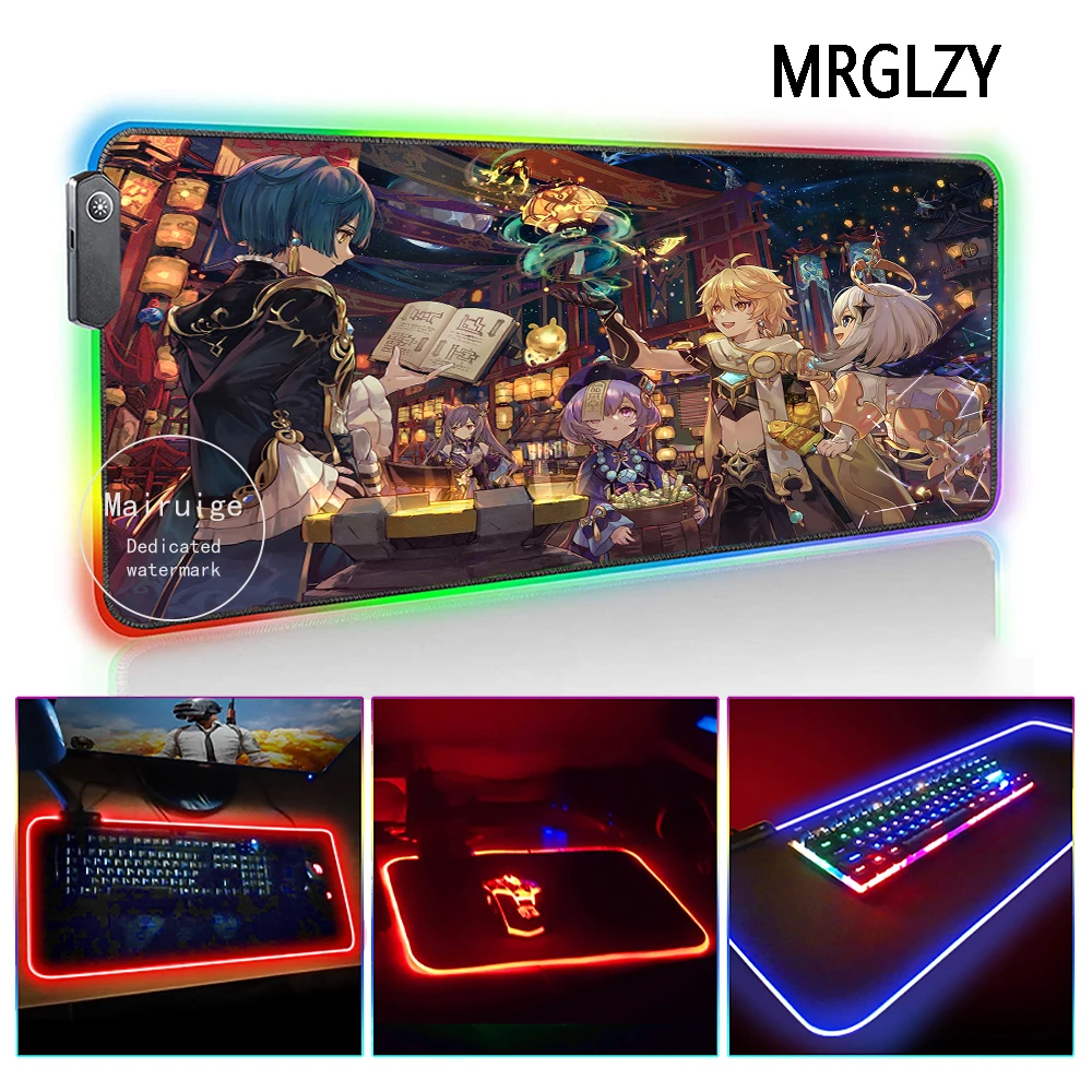 

MRGLZY Genshin Impact XXL светодиодная подсветка RGB игровые аксессуары Прямая поставка Большой Аниме Коврик для мыши Настольный коврик для клавиатуры ...