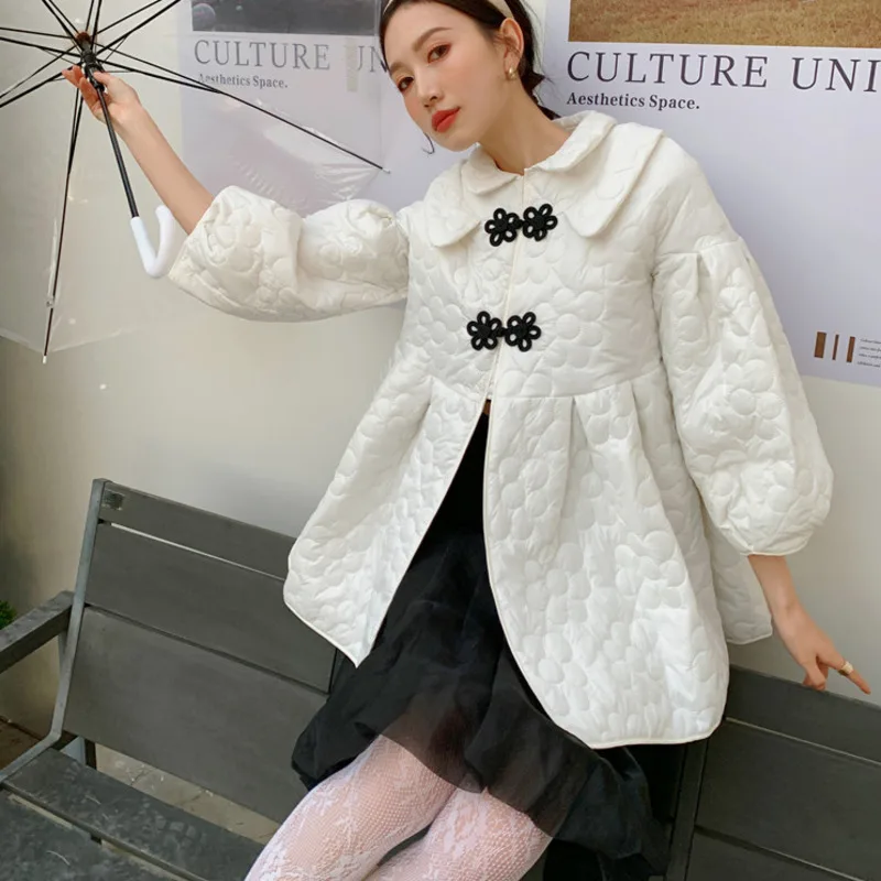

Vintage Embossing Woman Parkas Frog Coats And Jackets Women Winter White Quilted Jacket Korean Fashion Clothing S096