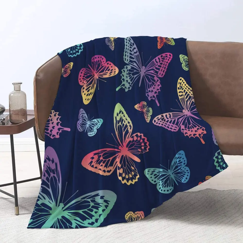 

Throw Size for Kids Boys Girls Rainbow Butterflies on Blue Background Super Soft Throw Blanket for Bed Couch Sofa Lightweight