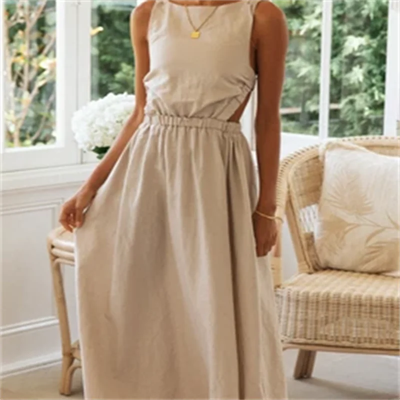

ZXQJ Women 2021 Fashion Open Back Solid Color Sexy Cotton And Linen Dress Vintage Sleeveless Female Dresses Vestidos
