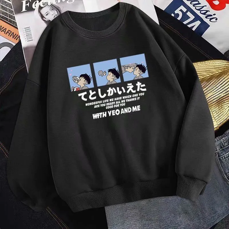 

black blue oversized hoodies women O-neck Cotton kawaii Loose Pullover women tops Letter print Women hoodie long sleeve