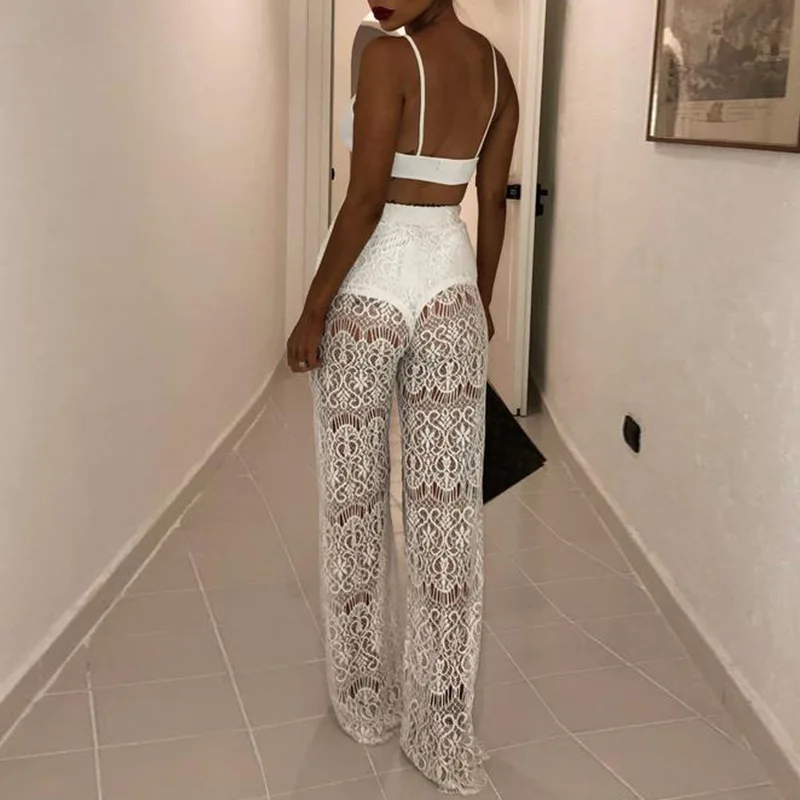 

Women's Pants 2020 New Women Summer Lace High Waist Pants For Women See Through Wide Leg Long Beach Trousers