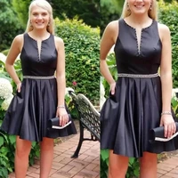 black satin short homecoming dresses with pockets beaded sexy neckline cocktail party graduation girls wear mini prom gowns