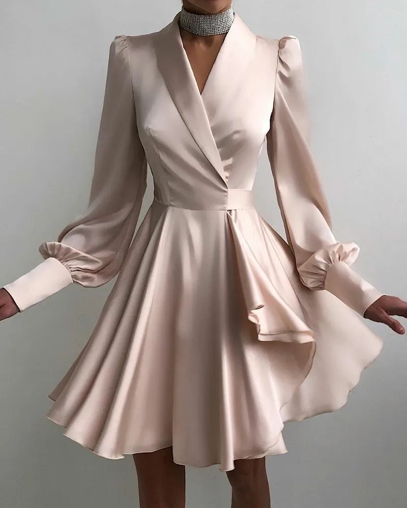 

Fashion Short Dress Elegant Dresses for Women Solid Color Surplice Neck Ruffle Hem Party Dress 2021 Autumn Casual Ladies Wear