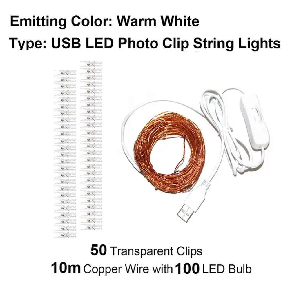 2 м/5 м/10 м зажим для фото USB светодиодный гирлянды сказочные огни наружная гирлянда на батарейках рождественские украшения вечерние, свадебные, рождественские - Испускаемый цвет: 10m 100LED