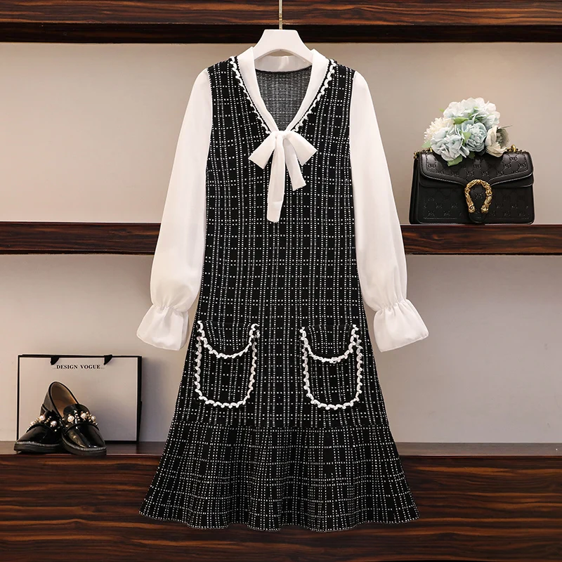 Плюс размер 2020 осенне зимний свитер клетчатое платье женское трикотажное