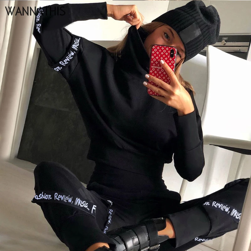 WannaThis/осенне-зимний комплект из двух предметов, укороченный топ с высоким воротником и леггинсы с принтом в стиле пэчворк, черные уличные комплекты с длинными рукавами