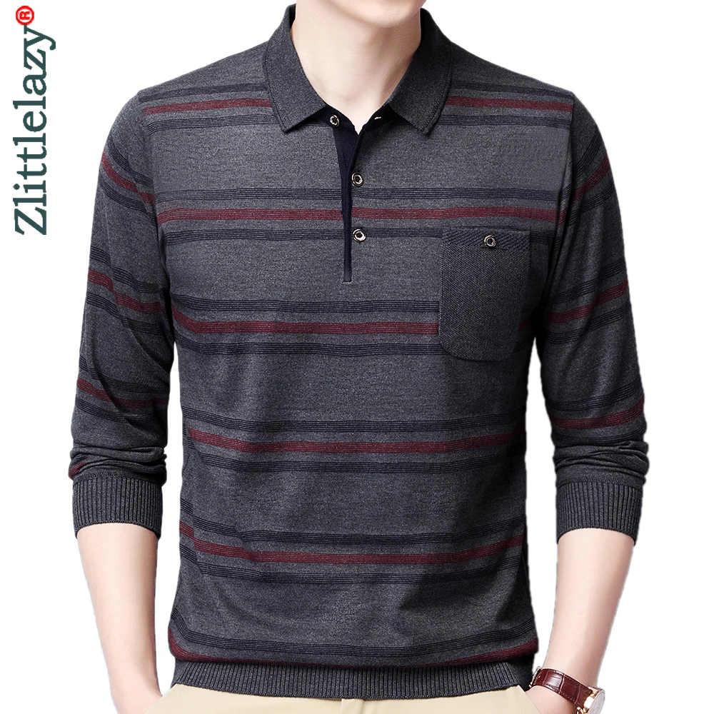 

2022 Pocket Long Sleeve Polo Tee Shirt Men Casual Striped Men's Clothing Polos Shirts Mens Fashion Slim Fit Poloshirt Tops 4599