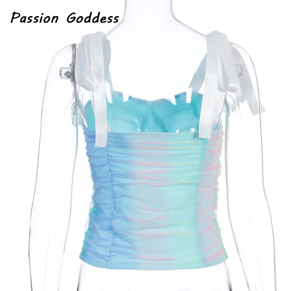 Женский Радужный разноцветный топ с завязками на завязках сетчатый двухслойный