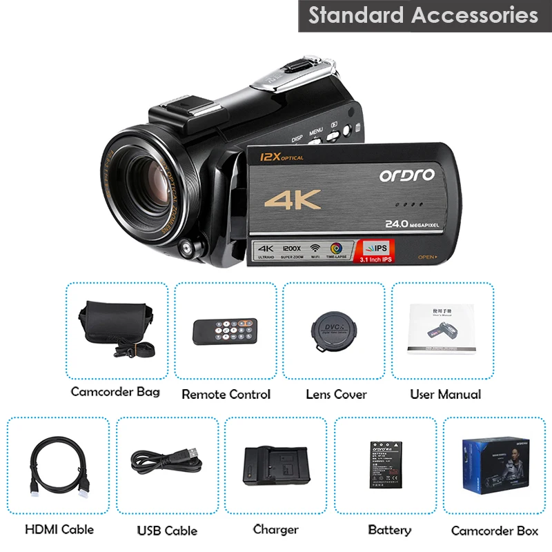 Видео Камера 4K видео для Wi Fi YouTube Braodcast Ordro AC5 12X оптический зум наружной съемки