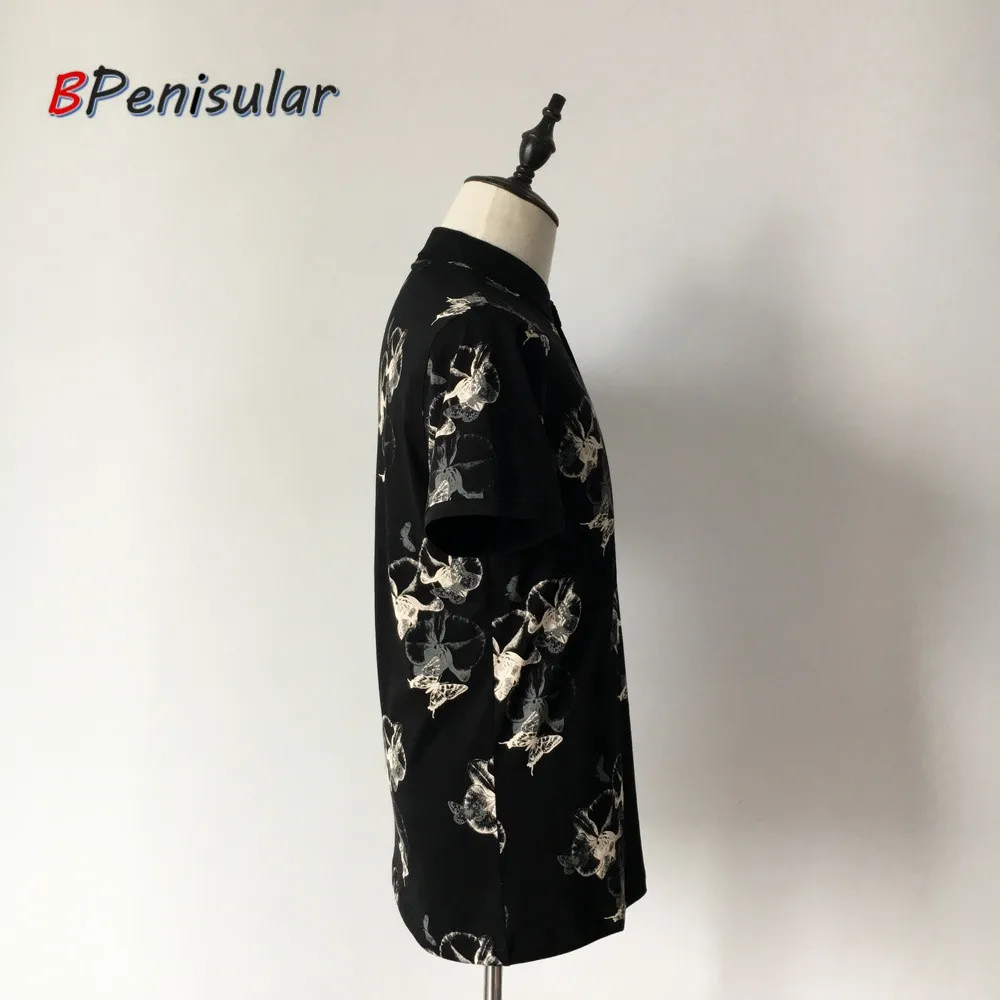 Мужские черные рубашки поло с коротким рукавом повседневные цветочным принтом и