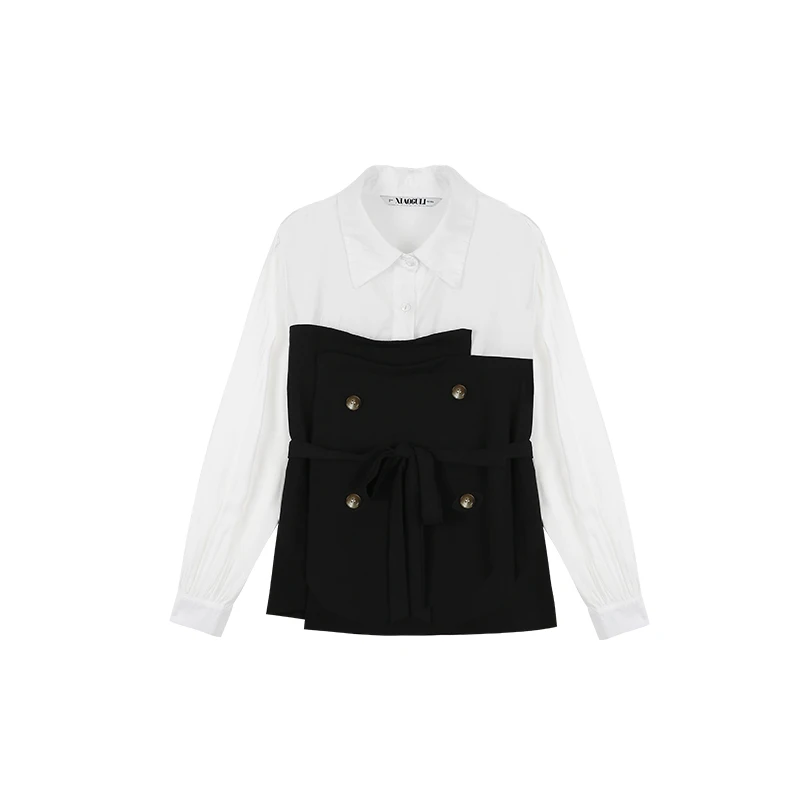 

Stitching shirt women's spring 2021 new waist asymmetrical lapel temperament was thin shirt tide