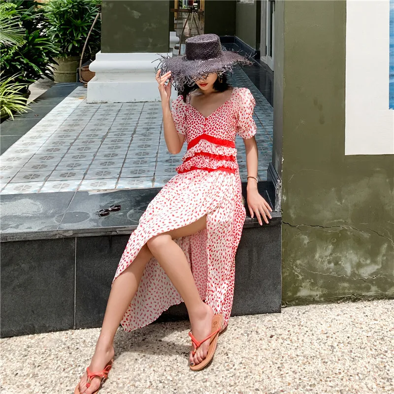 

Lady Short Sleeve Chiffon Floral Print Runway Pleated Ruffile V-neck Slim Maxi Long Women Red Dresses Holiday Beach Girl Dresses