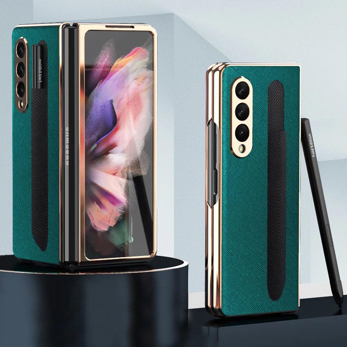 

Чехол с передним стеклом для телефона Samsung Galaxy Z Fold 3, кожаный чехол с узором и слотом для ручки, полная защита