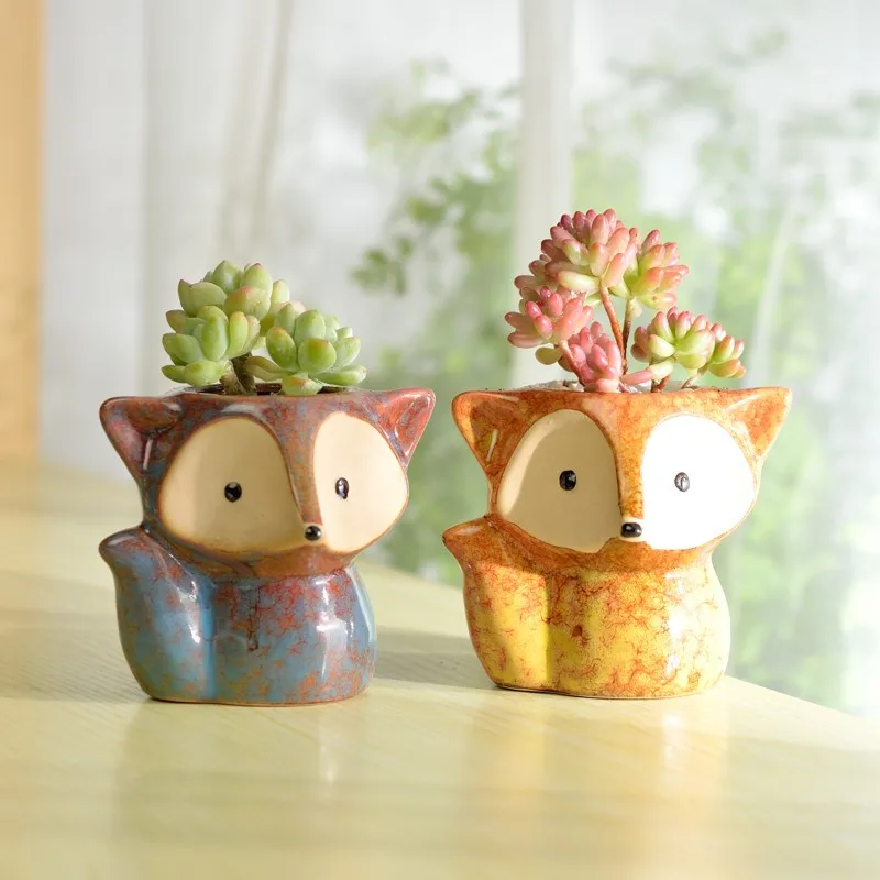 4 цвета Керамическая лисица суккуленты горшок для растений микро милый мини