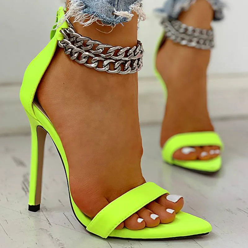 

New Women Office Pumps Metal Decoration Chain Buckled Open Toe Thin Heels Sandals Leopard Fashion Shoes