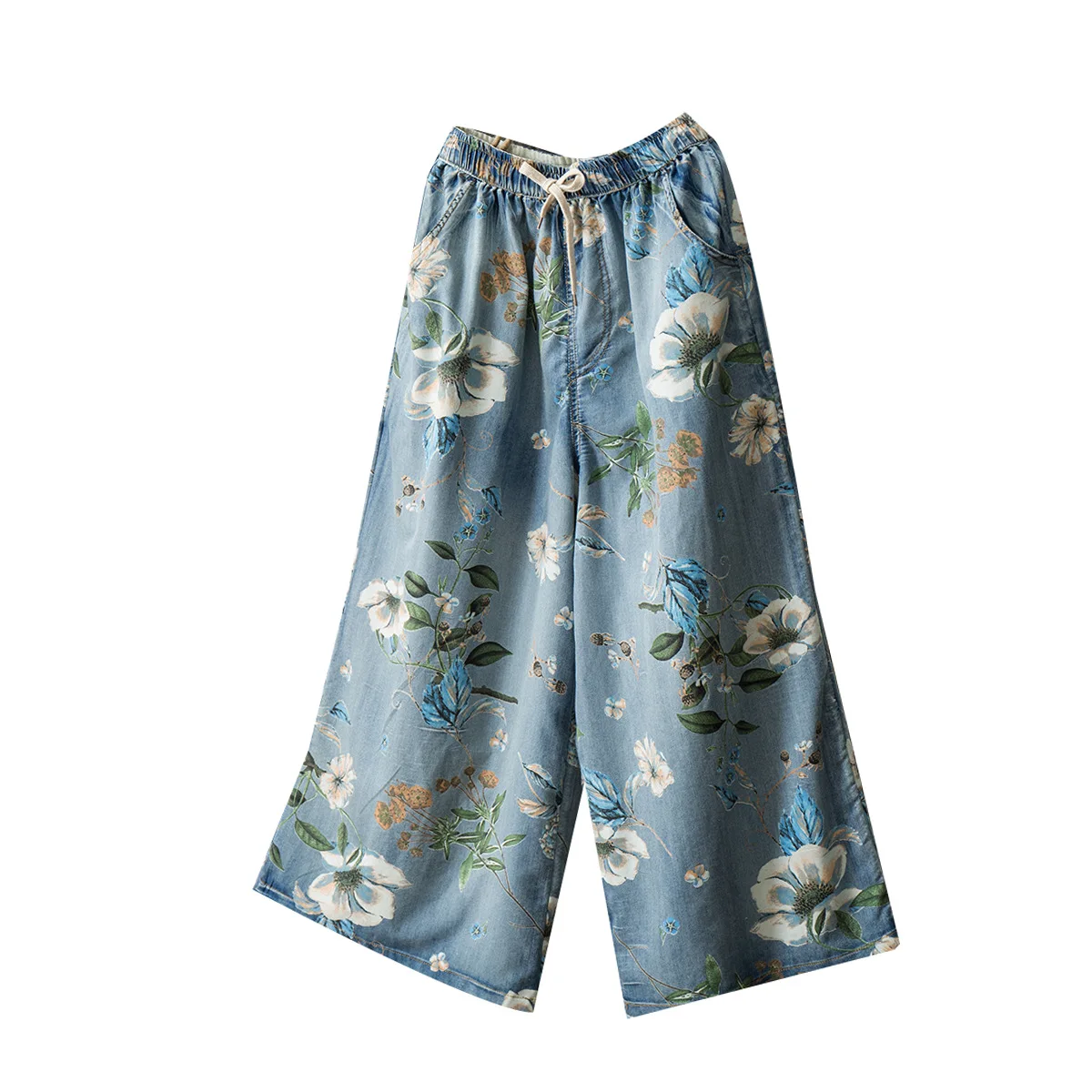 

New Ethnic Style Jeans Woman 2020 Spring Summer Floral Print Elastic Waist Tencel Thin Denim Wide Leg Pants Trousers Vintage