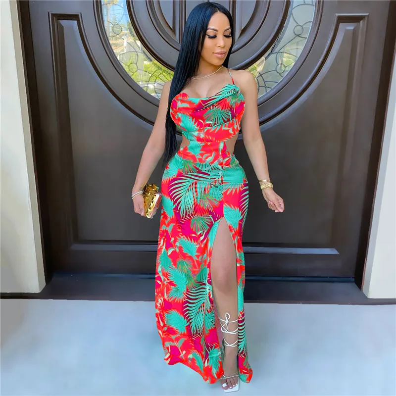 

CHRONSTYLE Vintage Beach Style Long Maxi Dress 2020 Sleeveless Strap Off Shoulder Backless Dress Floral Print Split Women Dress