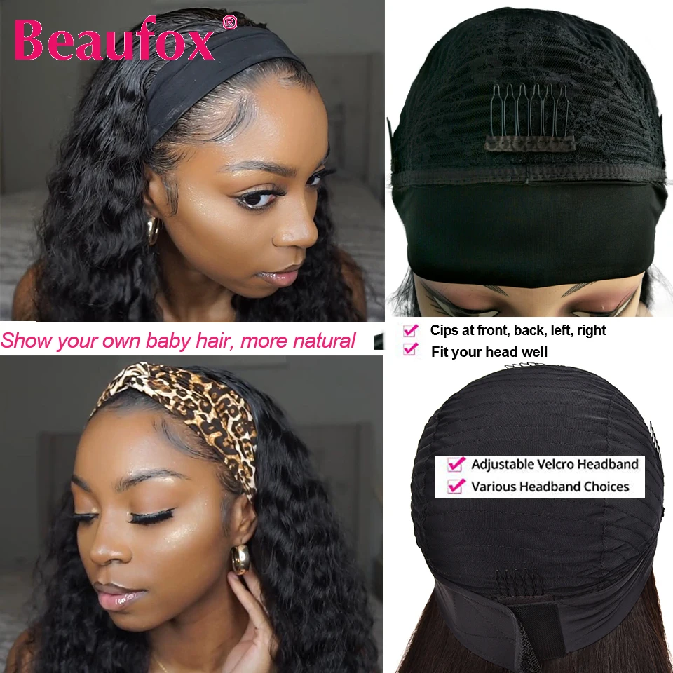 Beaufox Headband Wig Human Hair Wigs For Black Women Malaysian Body Wave Scarf Remy Glueless With | Шиньоны и парики
