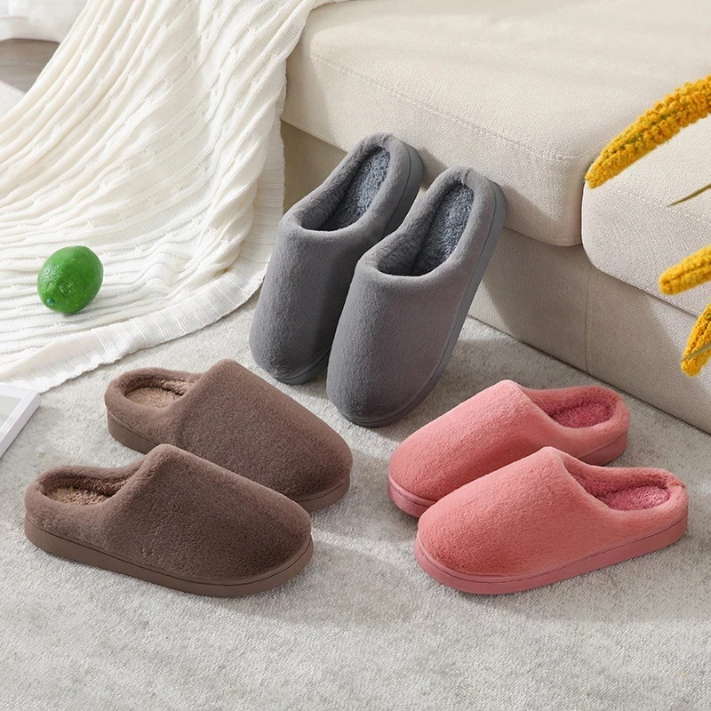 

Winter men's and women's slippers, indoor household soft cotton non-slip shoes, solid color plush slippers
