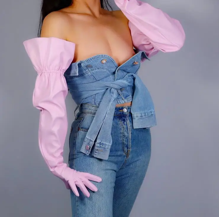 Женские Модные эластичные длинные перчатки из искусственной кожи с широкими