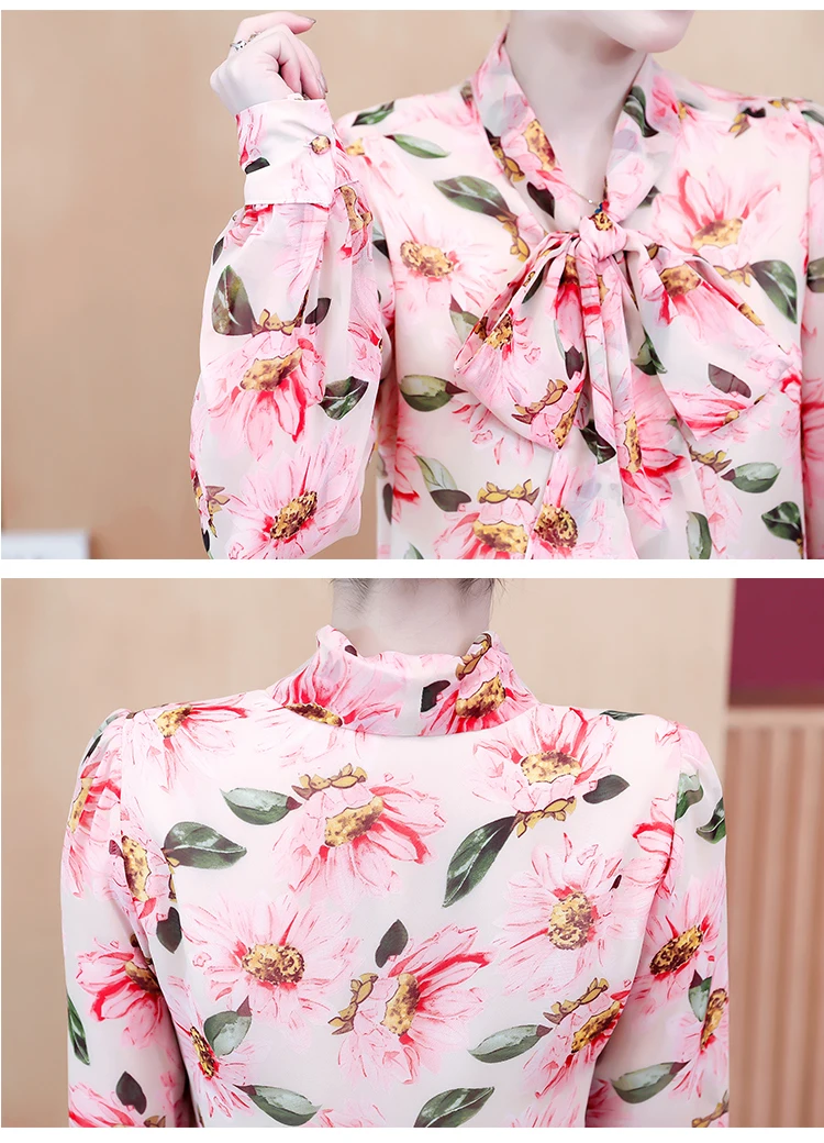 

Blouse Women 2021 Bow V-neck Pink Print Chiffon Blouse Shirt Women Tops Long Sleeve Women Blouses Shirts Blusas Mujer Blusa D468
