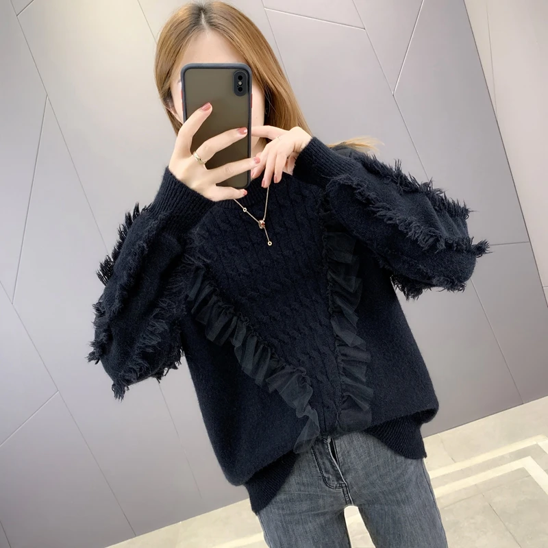 

LUKAXSIKAX 2020 New Autumn Winter Women Sweater High Quality Fashion Mesh Patchwork Tassel Knitted Pullover Sweater
