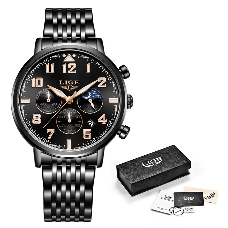 Black rose gold S LIGE новые мужские s часы лучший бренд класса люкс Бизнес Кварцевые часы мужские спортивные полностью стальные Водонепроницаемые Синие часы Relogio Masculino - Цвет: Black rose gold S
