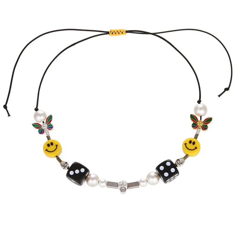 

Butterfly Dice Cool Skull Pearl Necklace Skull ROCKY-Approved Hip Hop Street Dance Men and Women Couple Smiley Pearl Necklaces