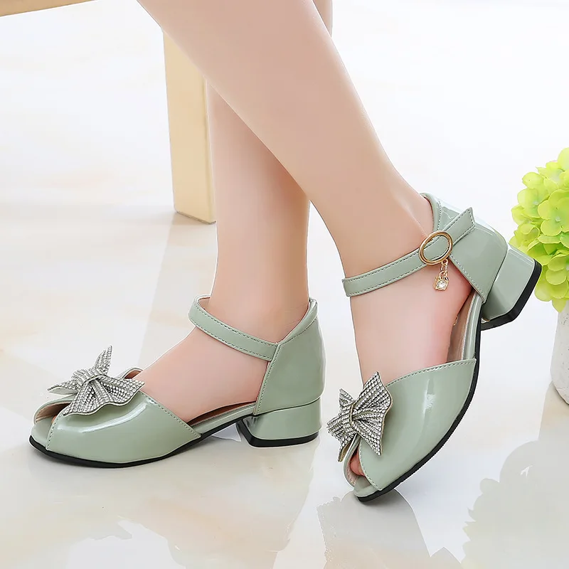 

Summer Casual Butterfly-knot With Rhinestone Children's Low Heels Open Toe Leather Shoes Medium Big Girls Princess Sandals