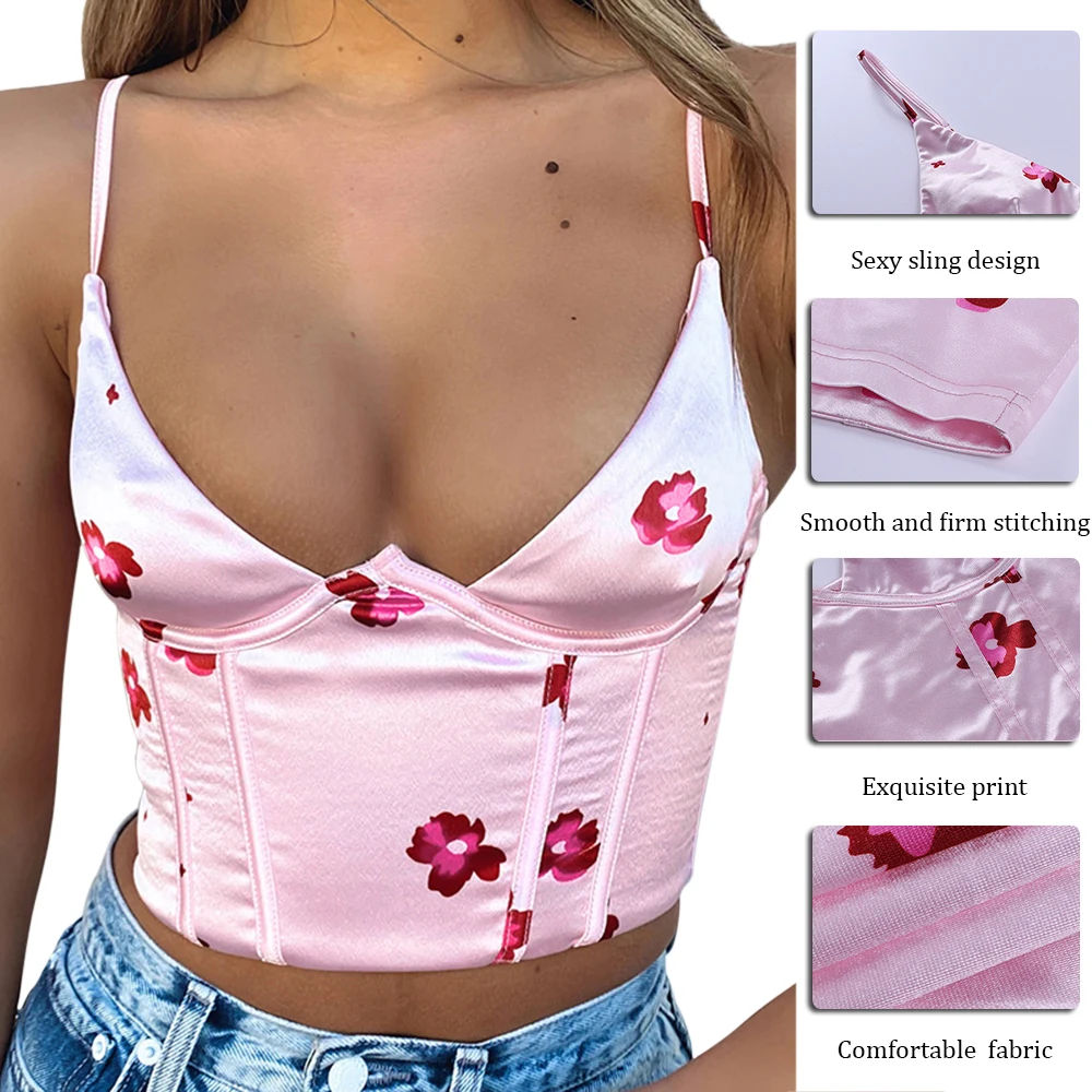 

Spaghetti V Neck Satin Corset Top With Straps 2021 Summer Floral Print Clothes Blue Sleeveless Club Women Crop Tops New