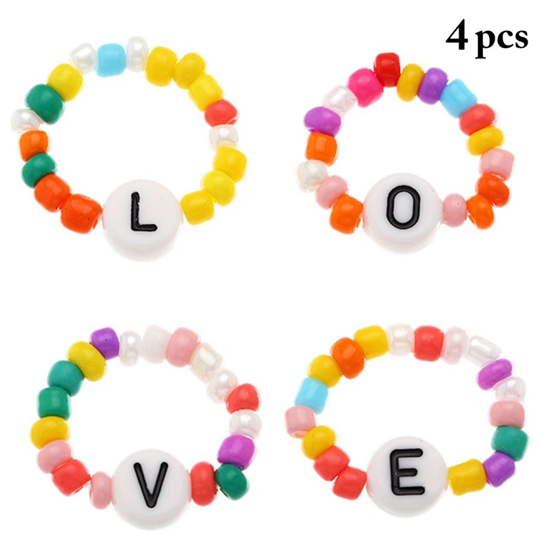 

Flower Bead Ring Letter Elastic 4PCS Creative Decorative Finger Rings Colorful Knuckle Rings For Women 2020 Jewelry Gift